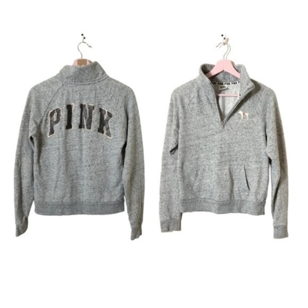 VS PINK quarter zip pullover sweatshirt knit gray rose gold dog logo XS‎